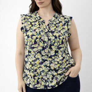 J Crew Womens Silk Blouse Top Popover Green Floral 1/2 Button Sleeveless Size 2